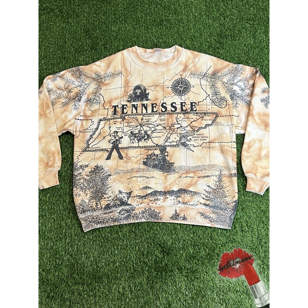 Vintage 90s Tennessee Crewneck Tie Dye All Over Print Map Elvis 1992